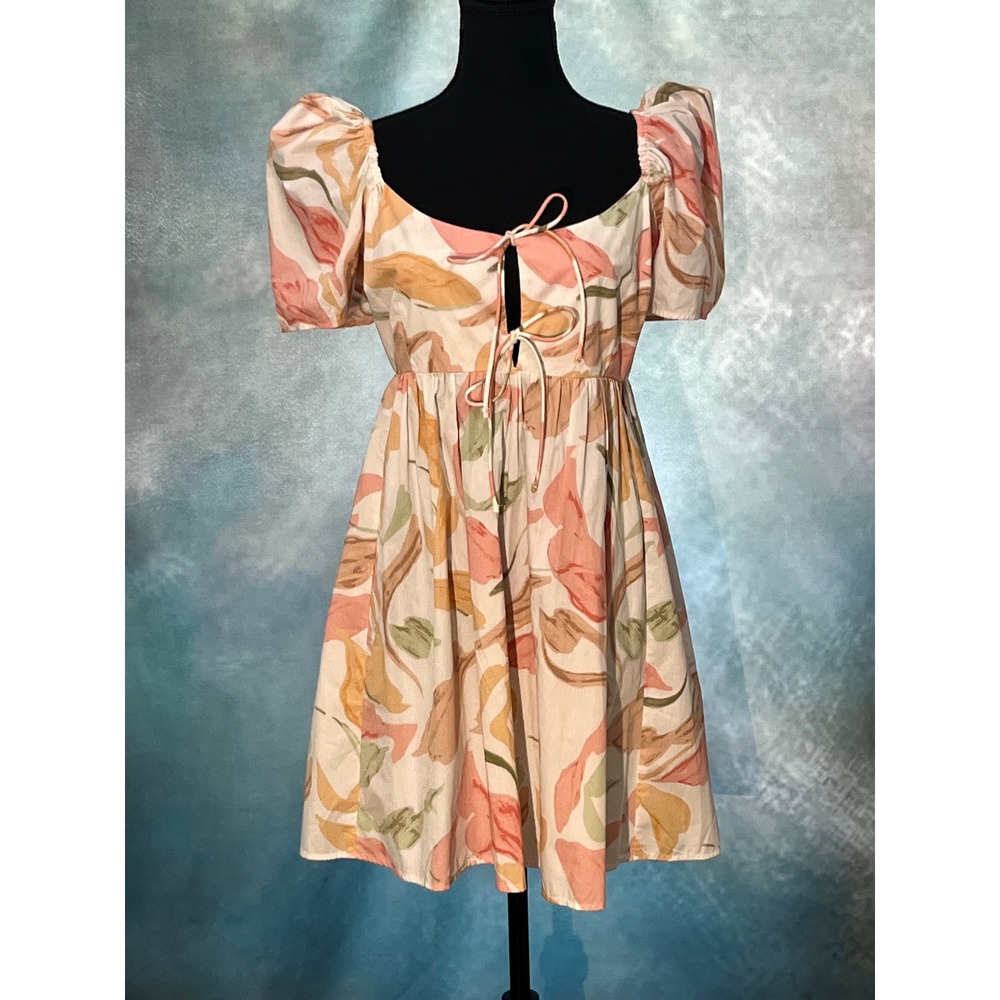 Abercrombie & Fitch Floral Puff Sleeve Mini Dress Pink Orange LP NEW
